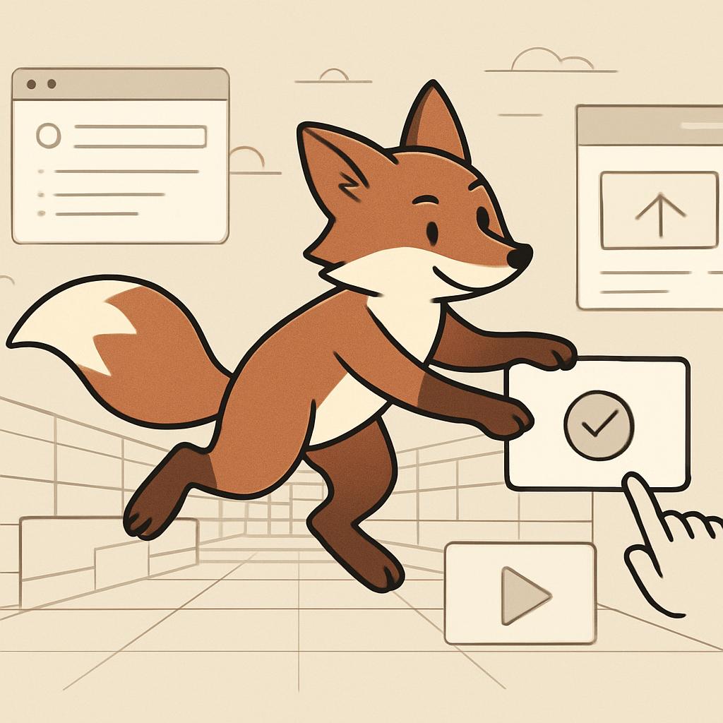 A cartoon fox with a user interface and various icons in the background.