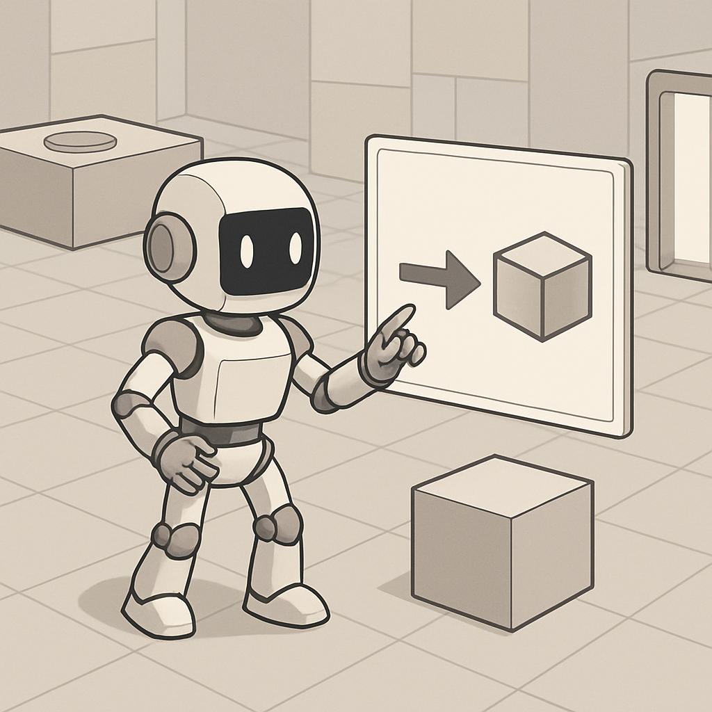 A cartoon robot points to a cube in a white room.
