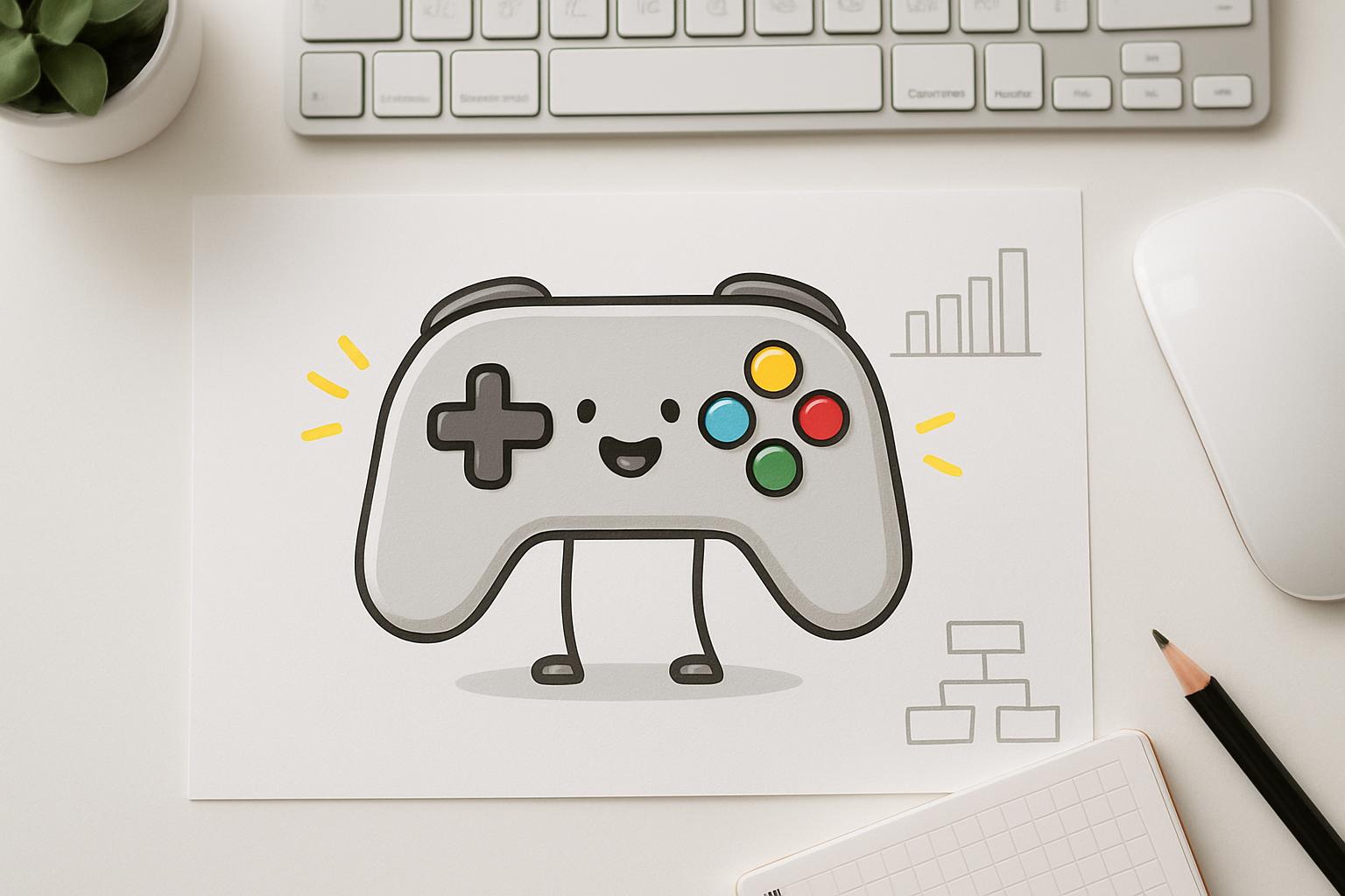 A cartoon-like depiction of a video game controller in white with grey details, four differently-coloured buttons on the r...