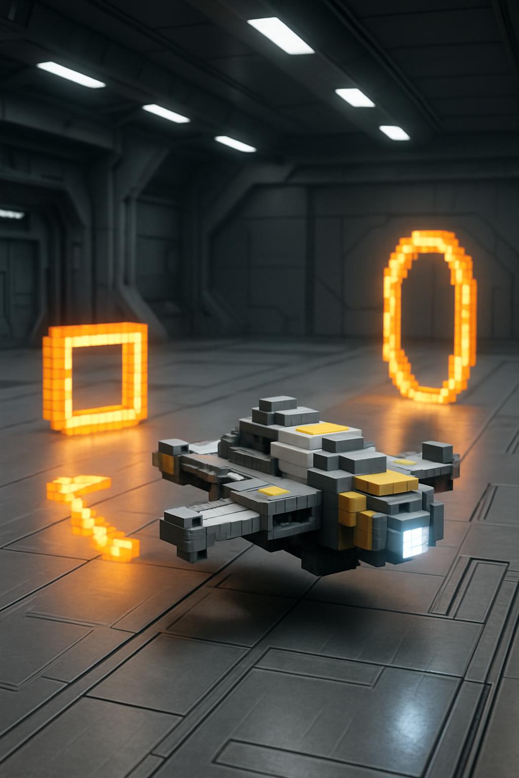 Photorealistic depiction of a space ship floating on a gray tiled surface in a large, futuristic room, with slotted lights...